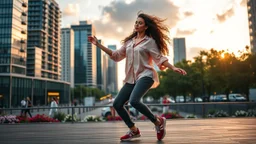 beautiful lady with makeup in pants and pretty shirt curvy long hair sport shoes dancing in a open stage in a modern city cnter,modern city escape at dintant ,flowers and trees ,pretty clouds, golden hour