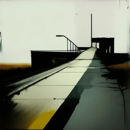 A desolate concrete road jwith steps to a bridge. In the style of Justin Mortimer and Phil Hale. Minimalist contemporary painting with rough brushstrokes.