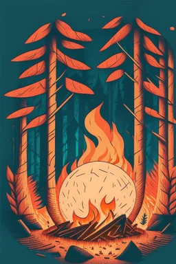 perfect round ball burning in a bonfire inside a forest, 2D flat illustration style, monoline, 3 colors max