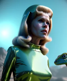 Ultra Realistic retro sci-fi image from 1960, spaceship, sweet young woman Jane Fonda with a Lizard face Man, dress with tight latex coat and retro glass helmet, Retro sci-fi style, soft color, highly detailed, unreal engine 5, ray tracing, RTX, lumen lighting, ultra detail, volumetric lighting, 3d, finely drawn, high definition, high resolution.