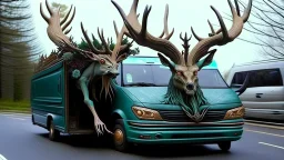 lovecraftian styled resurrected deer seeks revenge on the Lady driving the Budget Moving Van