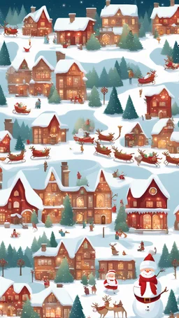 Snowy Landscape: A gentle, snowy landscape as the background, creating a wintery atmosphere.Festive Characters: Include cheerful characters like snowmen, reindeer, penguins, and elves, all engaged in festive activities.Christmas Tree: A beautifully decorated Christmas tree adorned with ornaments, lights, and presents, showcasing the holiday spirit.Santa's Sleigh: Santa Claus and his sleigh flying across the sky, pulled by reindeer, adding a touch of magic.