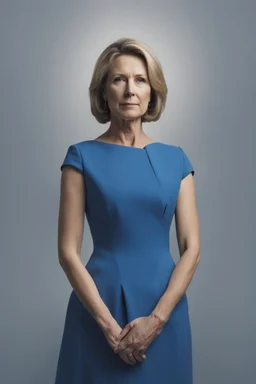 Powerful classical portrait of a 2000s politician in her early 40s wearing a blue dress standing in a powerful position a little zoomed out