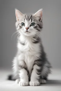 kreiere ein Bild von einer sehr jungen Katze die hellgrau-weiss gestreift ist