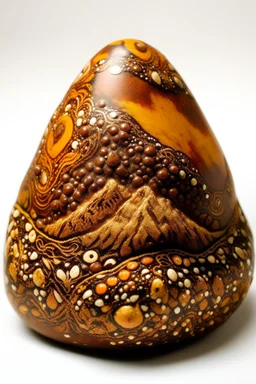 A brown mountain with amber stones designed in Mehndi design painted by Jackson Pollock