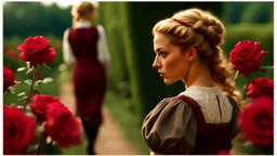 in front back to the camera a dark blonde young woman in old hungarian pale villager clochts stands in front of the nice red rose bush, und dark red running roses around, detalied, sharp focus, high realistic