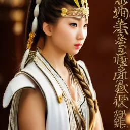 beautiful young asian queen with white armor, delicate white braided hair with ponytail, glass eyes, highly detailed, 8k, ambient light, taylor swift