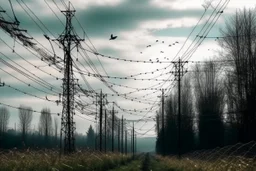 Power lines in the middle of nature and birds flying in the sky, real and current photography, 16K, photojournalism