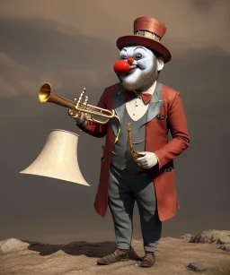 mechanoid old friendly fat clown with trimmed beard playing jazz with a steampunk theme, trumpet, realistic