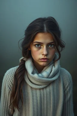 Extremely realistic photo of a beautiful young girl, fog, general foul weather, (Rembrandt Lighting), zeiss lens, ultra realistic, (high detailed skin:1.2), 8k uhd, dslr, Dramatic Rim light, high quality, Fujifilm XT3, artwork in pale distressed tones , minimalistic approach, blends old world aesthetics art with elements of distressed painting and illustration, shadow play, high conceptuality, palette inspired by Charlene Mc Nally, Carne Grif