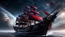 "Interstellar Vanguard: A War Sailing Ship Amongst the Stars". Envision a hyper-realistic digital art portrayal of "Interstellar Vanguard," a majestic powerful War Sailing Ship designed for the cosmos' vast expanse, with cyber armor in transparent and reflective black Steel and Polycarbonate marbled with dark red veins and polygonal mesh, with electrical circuit net, metal gears, highly detailed, vibrant, Intricate details, natural key light reflections, highly detailed features exuding complexi