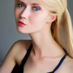 Pretty face of a woman,deep blue eyes, nice nose, pretty lip, simi smile, pointed ears, white skin, white simi gold hair, medium hair, nice neck, sexy soulder, looking in side view, sexy sando,