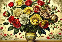 A painting of a beautiful colorful roses bouquet in a vase, Van Gogh Style, full frame, within frame, facing frontal, with very detailed red machine components, white background, cream color background, bright background landscape, ornate, intricate, complex, highly detailed, digital painting, smooth, art by tom bagshaw, akihiko yoshida, highly detailed, realistic, Van Gogh.