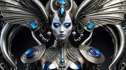 a full body shot of a beautiful menacing prismatic and (iridescent:1.5) (geisha alien:1.5) with perfect gorgeous black alien eyes and adorned with (unique bone carvings:1.5) with futuristic jewelry and pearlescent butterflies filigree, H.R. Giger style, Japanese and alien background, sharp focus, whimsical, fantasycore, aliencore, gothcore, lillies and tropical flora, aliens