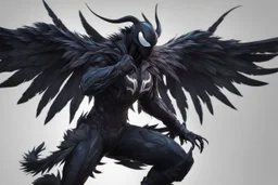 Venom in 8k solo leveling shadow artstyle, crow them, feathers, big wings, neon effect, full body, apocalypse, intricate details, highly detailed, high details, detailed portrait, masterpiece,ultra detailed, ultra quality