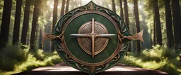 High-end state-of-the-art aesthetics flawless, ancient symmetrical heraldic emblem two sharpened swords crossing an epic bronze shield placed 30m far from camera,forest background,close-up shot, realistic,supreme cinematic-quality photography, steel walnut wood green armour, Art Nouveau-visuals,Vintage style Octane Render 3D technology,hyperrealism photography,(UHD) high-quality cinematic character render,Insanely detailed close-ups capturing beautiful complexity,Hyperdetailed,Intricate, 8k