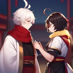 Clear Focus, High resolution, white fluffy short hair with one red streak in hair, ahoge, wearing a red black and golden scarf, short sleeve is white and a slight hint of red, top half of body is a samurai outfit, one side is white and other is black and red, sleeve 2 is black but the at the end its a wavy gold, wearing a black short skirt,