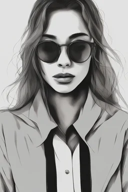 el rostro de una mujer con gafas totalmente oscuras y con expresión seria en blanco y negro que no se ven los ojos, que solamente se vea su rostro y cuello que no se vean sus ojos, gafas mas oscuras que su expresión sea más seria, mucho más seria casi triste