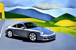  Grey car porche 911,Toscana, blue skies, blue water, clear day, sun, country road, lake como, wide landscape, oil painting, cubism, picasso