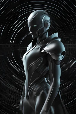personaje futurista en fondo negro con tubos
