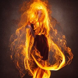 woman made of fire, fire angel, fire clothes, full body portrait, long flowing yellow hair, highly detailed, real life photo, photo quality, extremely detailed, highly detailed, 8K, crisp quality