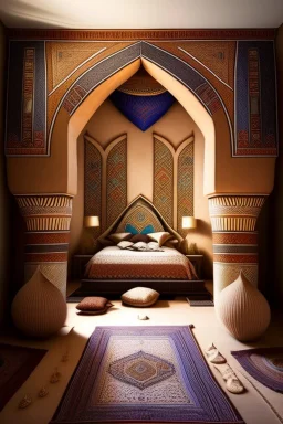 An Egyptian bedroom with arches, a big bed, cushions, rugs, lamps