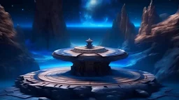 Meditation round podium , MAGIC rocky cliff, Palace carved into the rock, galaxy, infinity, space, sci-fi. , cosmos , space, for meditation , the most beautiful places ,