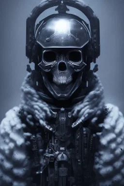 All Black british soldier, ghost, wearing high tech skull mask, white smoke, dark, rage, sorrow, high definition, ultra 8 k, volumetric lighting, blue fire, fog