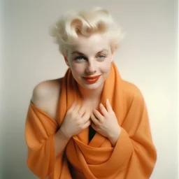 A photograph of childish marilyn monroe, head upwards, hand on heart, with spiky hair, no make up, in the style of milton greene, a pale orange silk scarf around her shoulders, white bacground