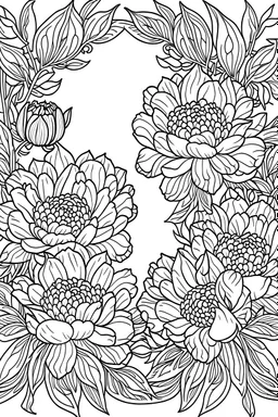 black and white beautiful thin floral frame made out of peonies for coloring pages, use a lot of big sunflowers in the frame, go all the way to the edges for the frame and leave a lot of space in the middle of the page, use only black and white, clear crisp outlines, no black background, go all the way to the outer edges of the page, use more space in the center of the page, make it rounder, use less shading, use more space in the center of the page, widen the frame, open up frame, more flower