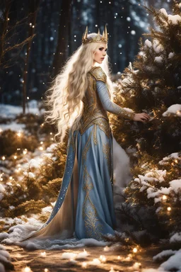 Elven princess,elven crown,long white blonde golden hair,rapunzel hair,ice flowers,beautiful,light blue,dark blue,golden armor,sparkle,glitter,ice flowers,snow,elven ears,dark fairy princess