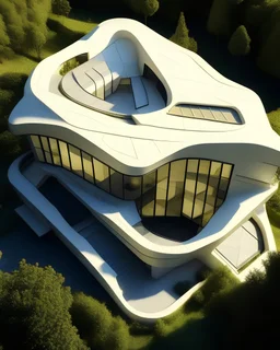 Casa geométrica en proporción aurea, estilo Zaha Hadid, calidad ultra, hiper realista, hiperdetallada, 3D 8K, vista aérea