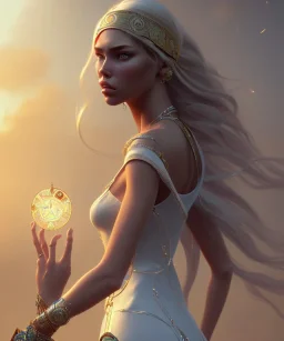 Gipsy, beautiful, curvy body, white fabric dress, beautiful long hair, bandana, head and shoulders portrait, holding tarot card, 8k resolution concept art portrait by Greg Rutkowski, Unreal Engine 5 volumetric lighting