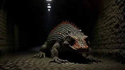 (extreme long shot), profile of a gila monster standing at the end of a neglected and grimy subway tunnel, wet ground. Ethereal, symmetrical and orderly.