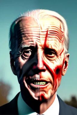 realistic image, joe biden zombie, severed arm, night, walking twisted, waist up view, 80s, dark ambient, highly detailed, sky background, concept art, unreal engine 5, god rays, ray tracing, RTX, lumen lighting, ultra detail, volumetric lighting, 3d, finely drawn, high definition, high resolution.