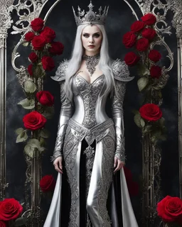 Beautiful Gothic Queen Vampire,length image angle distance dystopian hold the wonderfully stainless steel bright shine shiny metal craft standing pose luxury king engrave sword,sorrounded roses flowers background