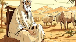 Old man, Arab, turban, white clothes, cattle, desert, council, sun, palm trees, mud houses, holding a stick, looking forward, a very slight smile.cartoon,Sitting on a chair,long beard