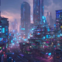 3D render of a cyberpunk city street, on a dark blue skyscrapes background, high detail, hyperrealistic, 4k, cinematic. digital art