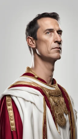 a Highly detailed photorealistic portrait of Julius Caesar dressed as a historical roman emperor , standing in full sized, a plain white background