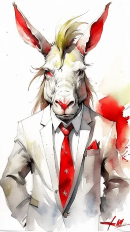 dnd, fantasy, watercolour, humongous strokes, stylistic, portrait, illustration, furry, donkey , personable face , wearing a white suit and a red tie