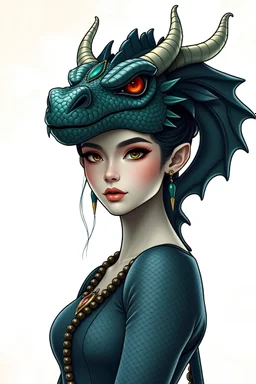 a dragon girl with a dragon head styled crown. Make it as stylish as possible