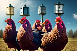 Five hens in front of a lighttower