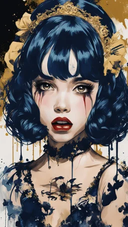 Poster in two gradually, a one side malevolent goth vampire girl face and other side the Singer Melanie Martinez face, painting by Yoji Shinkawa, darkblue and gold tones,