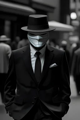A member from anonymous with the anonymous mask on and with a black fedora hat and a fine black and white suit standing, Anonymously.