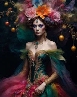 Realistic Photography Beautiful Fairytale, a stunning women adorned in vibrant carnival attire, ethereal beauty, black background, with swirling colors and fantastical tiny flowers, enchantment and grace, twisted vines, whimsical, surreal landscapes, emotive style, dreamlike quality, and magical realism, carnival red, ethereal pink, whimsical blue, vibrant green, celestial purple, golden amber, and shimmering silver