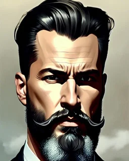 "MIddle aged white human male, with a trimmed but uneven beard, piercing eyes with slick back hair, full-scale head and shoulders portrait, 8k resolution concept art portrait by Greg Rutkowski, Artgerm, WLOP, Alphonse Mucha dynamic lighting hyperdetailed intricately detailed Splash art trending on Artstation triadic colors Unreal Engine 5 volumetric lighting Splash art fantasy"