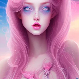 beautiful, pink mermaid princess, long pink hair in pigtails, eyes colored pink, pink eyeshadow, glossy pink lips