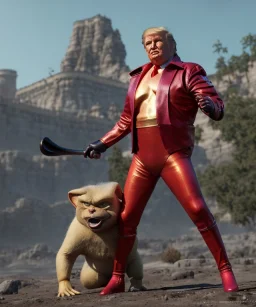 Donald trump, Man, wrestling, naked torso, color breeches, suspenders, retro style, 80s, hot ambient, photo studio, red, gold, vibrant color, gradient, highly detailed, art stations, concept art, smooth, unreal engine 5, god rays, ray tracing, RTX, lumen lighting, ultra detail, volumetric lighting, 3d, finely drawn, high definition, high resolution.