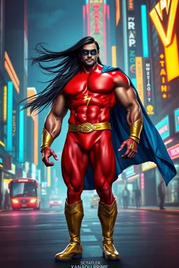 A giant, muscular man with long, flowing, black hair that is blowing in the breeze and blue eyes, standing on the streets in the neon lit, futuristic City of Xanadu prime, he is wearing a red body suit that forms to his muscular frame, he also wears tight blue trunks on the outside of the suit, he has a gold lightning belt, gold wrist gauntlets, he wears gold, knee-high boots, he wears a blue cape, he as the symbol of Xanadu Prime on his chest, and a thin black leather bandit eye mask,