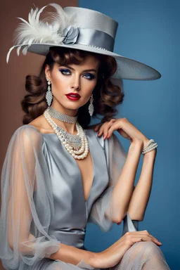 full body beautiful girl, elegant silver,lace clothes of the 80s, luxury style, small elegant hat with feather, hair of the 80s, pearl necklace, earrings masterful, beautiful face,blue backdrop